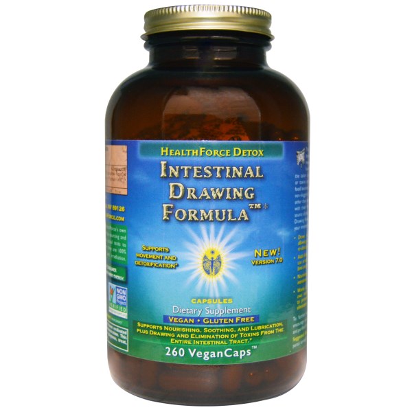 This superior formulation is designed to draw in and absorb poisons from the bowel, allowing you to eliminate them and not reabsorb them - essential to take during a fast to avoid auto intoxication. This new formula adds fibrous bulk without psyllium, which can irritate and cause bloating. HealthForce Intestinal Drawing Formula nourishes, soothes, and lubricates the intestines as it gradually moves through..