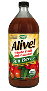 Alive! Goji Berry Juice from Nature's Way is Kosher and 100% Certified Organic, providing whole fruit antioxidants, amino acids, and essential vitamins and minerals..