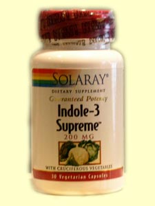 Solaray Indole-3 Supreme has been shown in clinical studies to decrease incidence of breast, colon, and prostate cancer, regulates metabolism of estrogen, and appears to be anti-estrogenic..