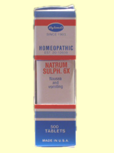 Hyland's Natrum Sulphuricum homeopathic tablets for nause and vomiting..
