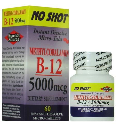 Methylcobalamin Vitamin B12 5000 mcg (No Shot, Quick Release, 60 Instant Dissolve Mini Tabs) Superior Source Vitamins