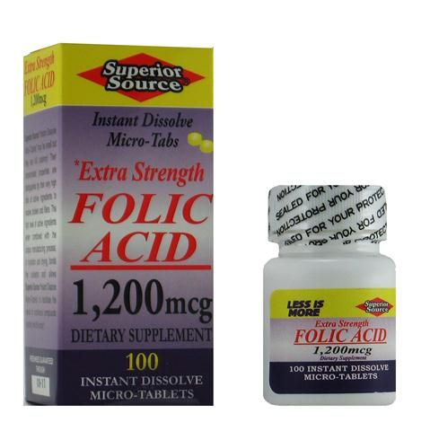 Extra Strength Folic Acid 1200 mcg (No Shot, Quick Release, 100 Instant Dissolve Mini Tabs) Superior Source Vitamins