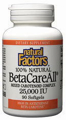 Natural Factors BetaCareAll is packed full of health-promoting Carotenoids. Carotenoids are potent antioxidants and can be found in fruits and vegetables. These antioxidants help protect the body's cells again dangerous free radicals that can cause cellular deterioration, which can increase the risk of cancer, cardiovascular disease, and other age-related illnesses..