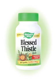 Nature's Way Blessed Thistle Capsules. Blessed Thistle (Cnicus benedictus) is a relative of Milk Thistle and shares some of the same characteristics. While often used as an after dinner tea, it has been historically incorporated as a supplement by nursing mothers..
