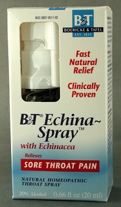 Boericke & Tafel Echina-Spray with Echinacea, for temporary relief of minor irritation and pain associated with sore throat, itchy throat, hoarseness, laryngitis, and difficulty swallowing.