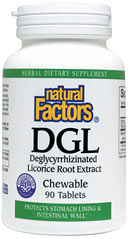 Deglycyrrhizinated Licorice (DGL) is a safe and effective licorice extract.  It is specially processed to have glycyrrhizin removed to avoid potential side effects such as elevated blood pressure.  DGL improves the integrity of the natural Mucus lining of the stomach and intestinal wall.  It stimulates the protective factors which guard against weakness in these linings..