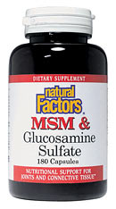 Natural Factors' MSM & Glucosamine natural combination of MSM and Glucosamine Sulfate works to maintain the structural integrity of joints and connective tissue.  This product is especially beneficial for active and elderly people..