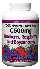 Natural Factors C 500 Fruit Chews are natural, delicious wafers that are full of Vitamin C. They come in three different berry flavors: Blueberry, Boysenberry, and Raspberry..