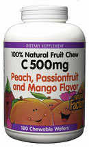 Natural Factors C 500 Fruit Chews come in three delicious tropical flavors. Each wafer is 100% natural with no soy, wheat, or yeast..