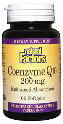 Natural Factors Coenzyme Q10 is essential for cellular energy production. It is an antioxidant which scavenges free radicals throughout the body and is also involved in maintaining normal heart function..