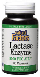 Natural Factors Lactase Enzyme provides digestive aid for dairy products..